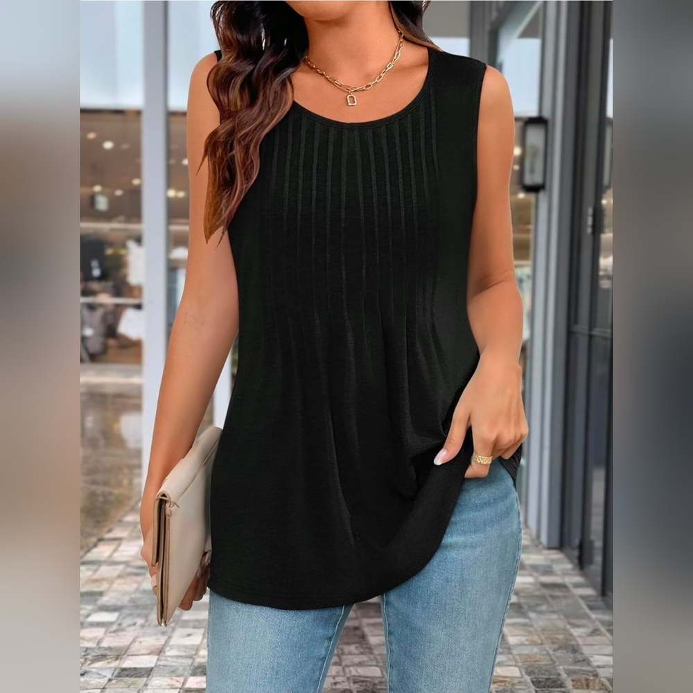Women's Black Sleeveless Pleated Crew Neck Tank Top Dressy Casual, Small